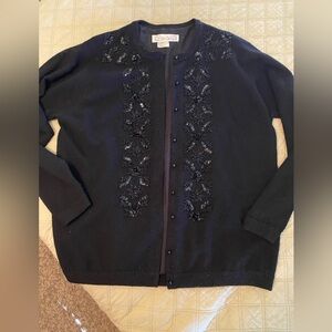 Elegant Black Embroidered Women's Lambswool/angora button front Sweater